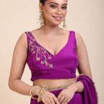 Purple and Gold Crepe Silk Saree with Gold Embroidered Lace close up