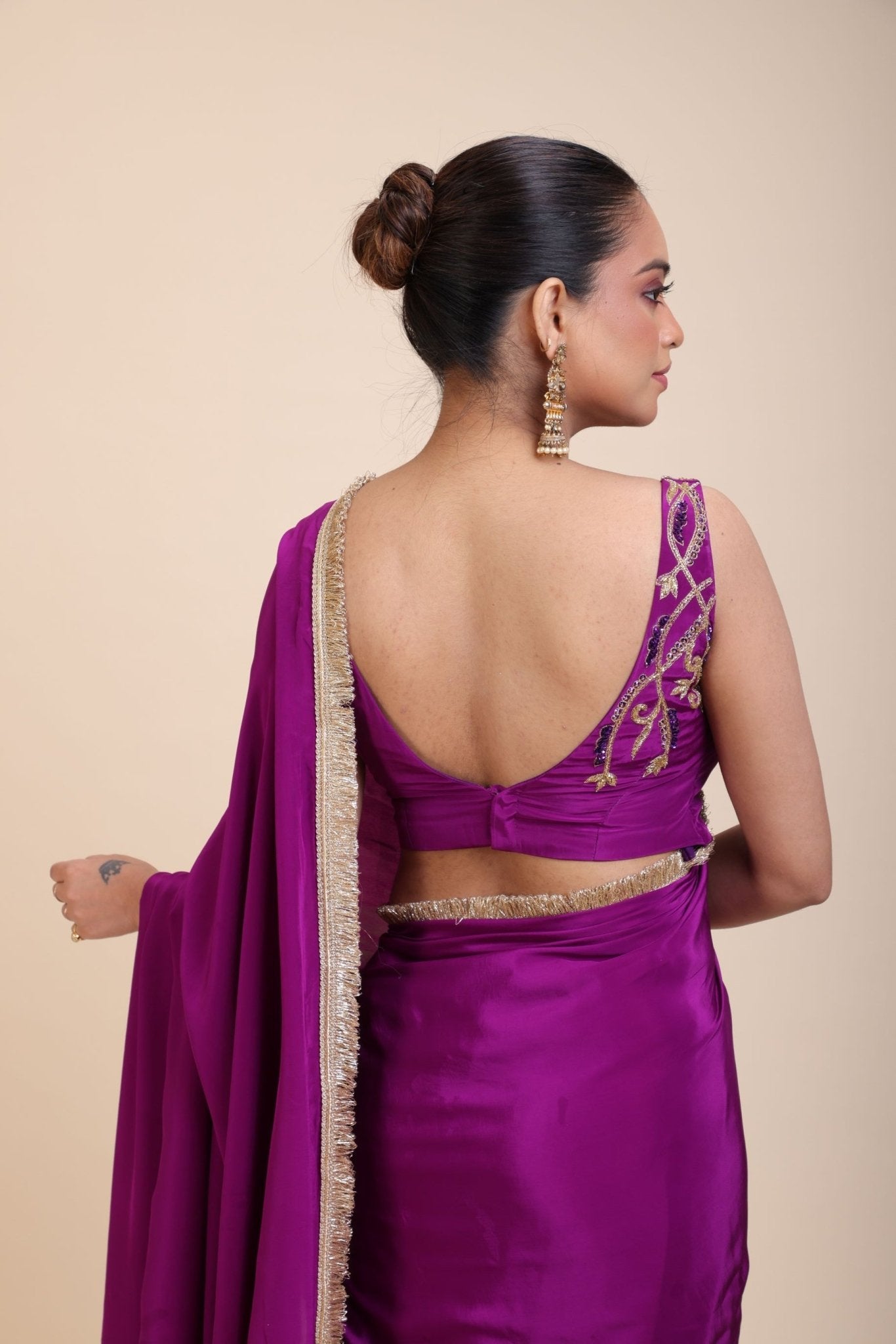 Purple and Gold Crepe Silk Saree with Gold Embroidered Lace - Anvi Couture