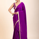 Purple and Gold Crepe Silk Saree with Gold Embroidered Lace - Anvi Couture