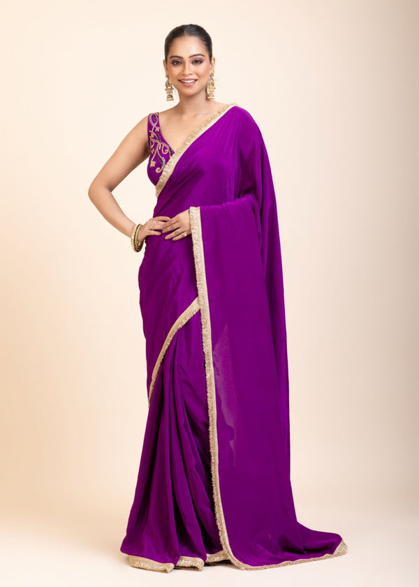 Purple and Gold Crepe Silk Saree with Gold Embroidered Lace - Anvi Couture