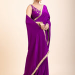Purple and Gold Crepe Silk Saree with Gold Embroidered Lace - Anvi Couture
