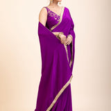 Purple and Gold Crepe Silk Saree with Gold Embroidered Lace - Anvi Couture
