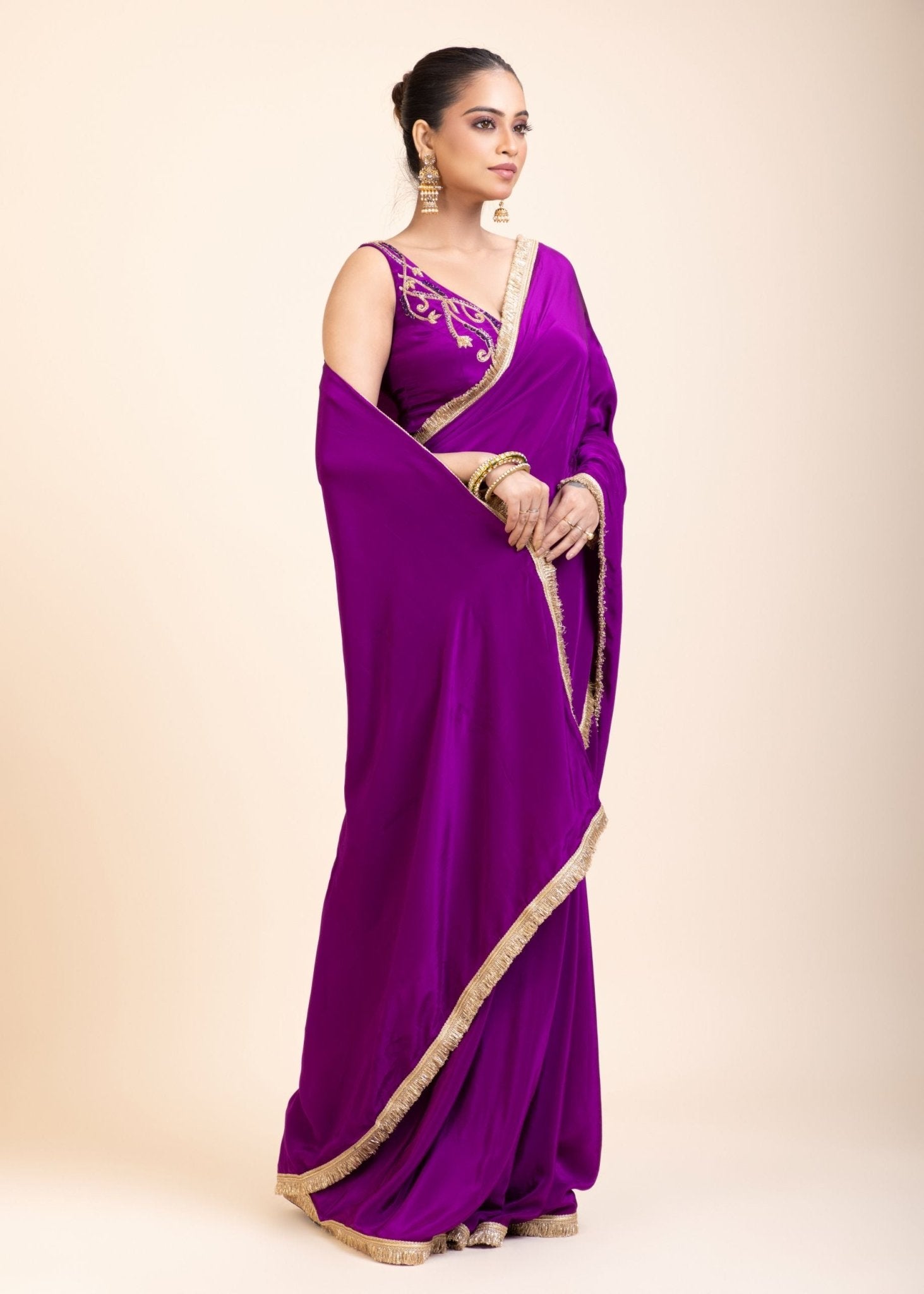 Purple and Gold Crepe Silk Saree with Gold Embroidered Lace - Anvi Couture