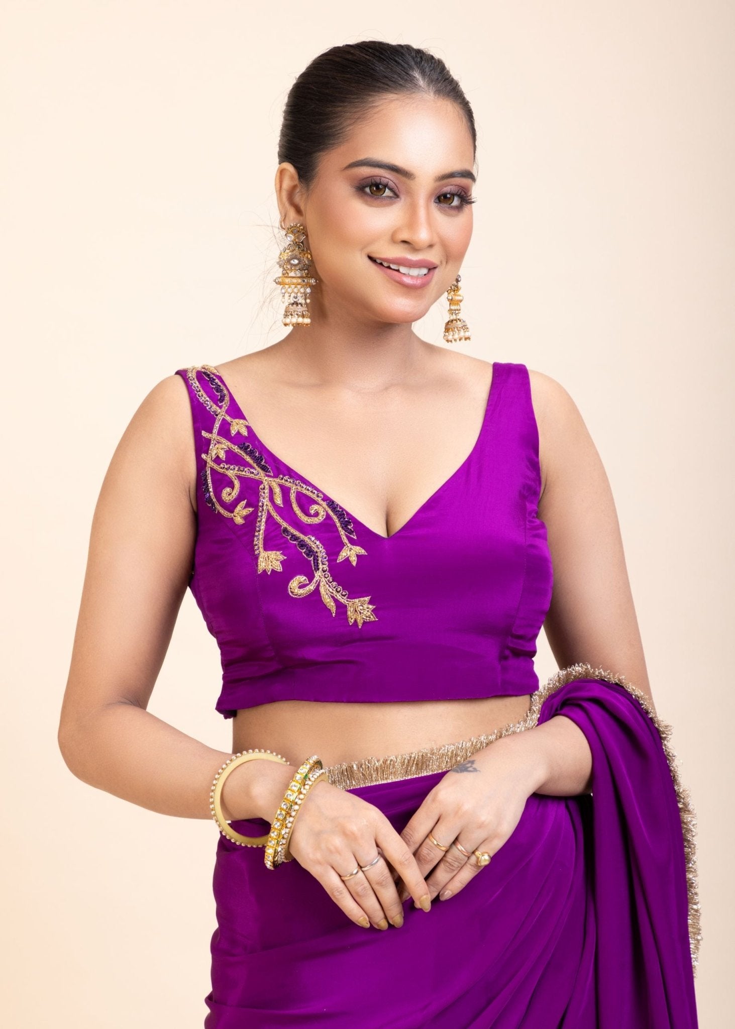 Purple and Gold Crepe Silk Saree with Gold Embroidered Lace - Anvi Couture