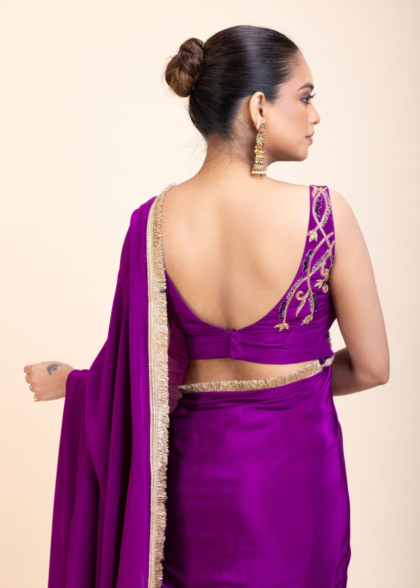 Purple and Gold Crepe Silk Saree with Gold Embroidered Lace - Anvi Couture