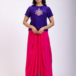 Purple and Pink Indo Western Crop Top And Draped Skirt Set With Embroidered Work full