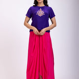 Purple and Pink Indo Western Crop Top And Draped Skirt Set With Embroidered Work full