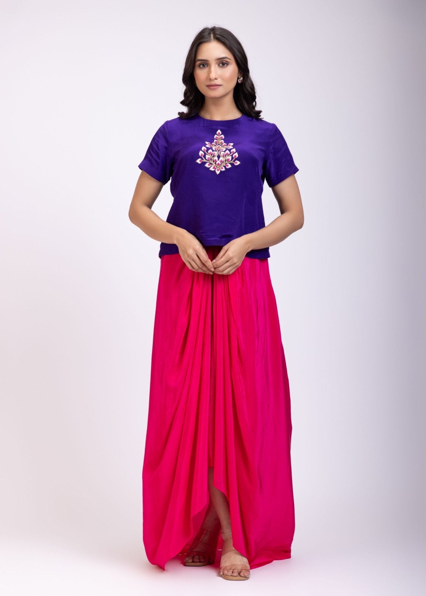 Purple and Pink Indo Western Crop Top And Draped Skirt Set With Embroidered Work - Anvi Couture