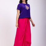 Purple and Pink Indo Western Crop Top And Draped Skirt Set With Embroidered Work front