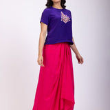 Purple and Pink Indo Western Crop Top And Draped Skirt Set With Embroidered Work front