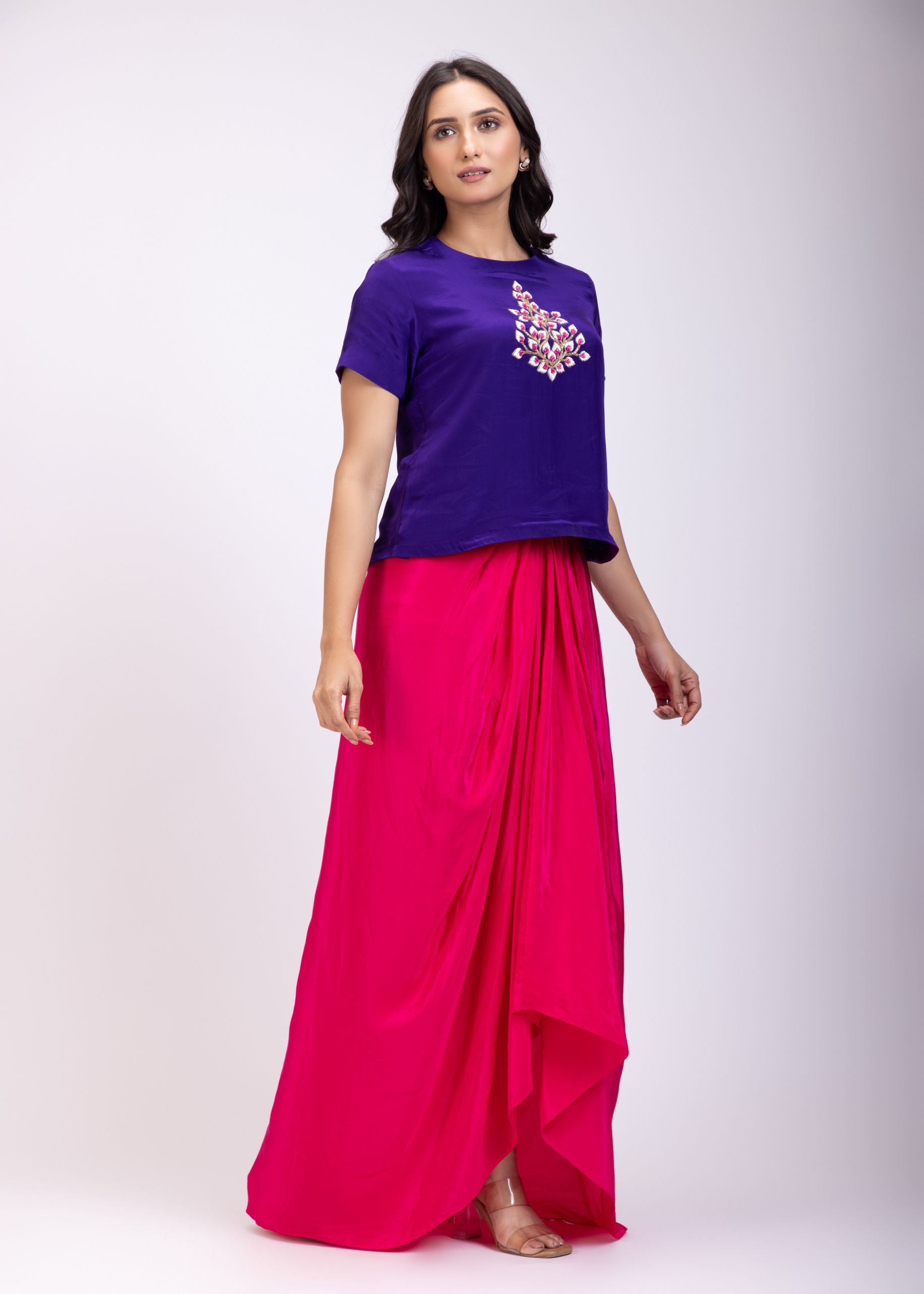 Purple and Pink Indo Western Crop Top And Draped Skirt Set With Embroidered Work front