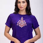 Purple and Pink Indo Western Crop Top And Draped Skirt Set With Embroidered Work close up