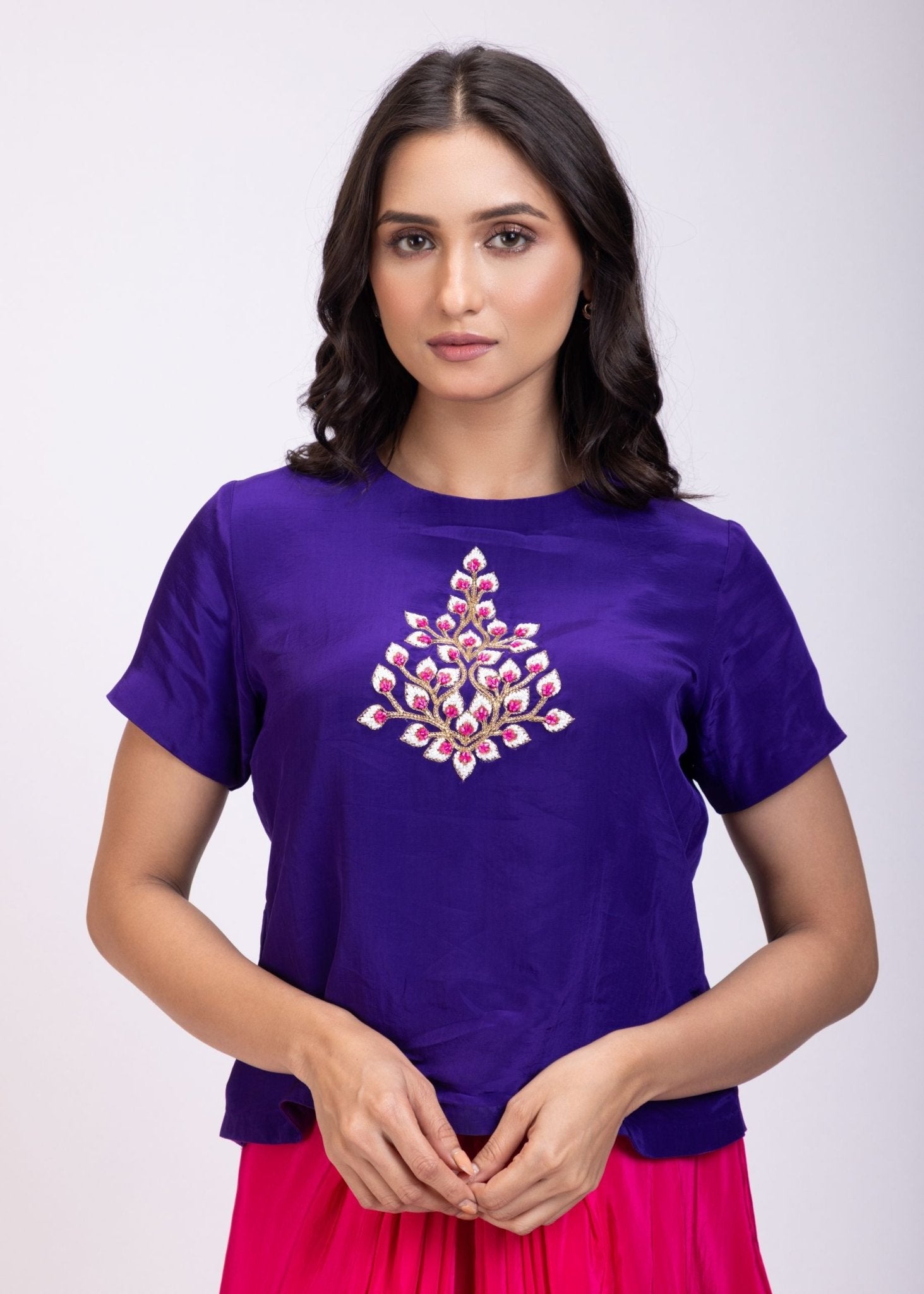 Purple and Pink Indo Western Crop Top And Draped Skirt Set With Embroidered Work - Anvi Couture