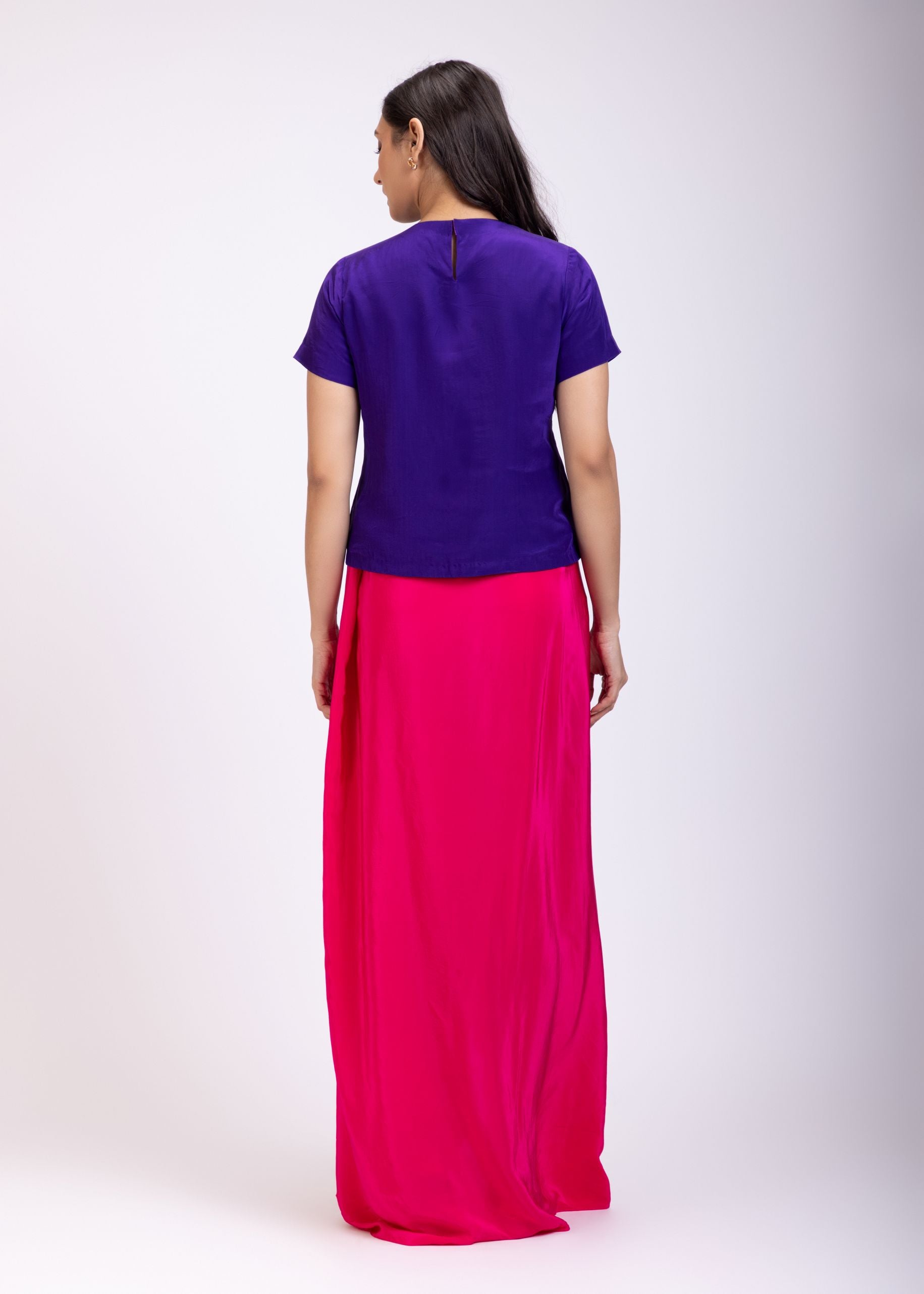 Purple and Pink Indo Western Crop Top And Draped Skirt Set With Embroidered Work back