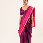 Purple and Pink Kanjivaram Silk Saree With Check Patterns and Mayil Butas 