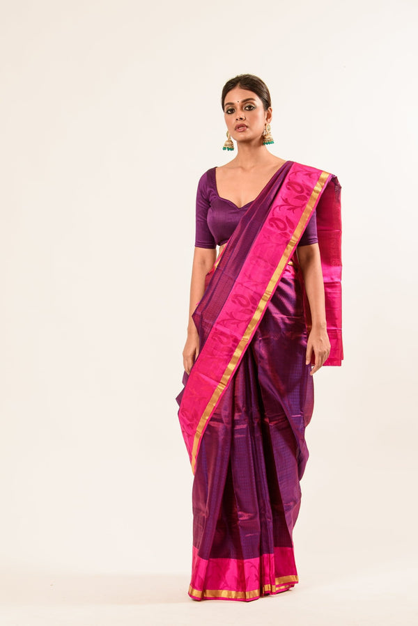 Purple and Pink Kanjivaram Silk Saree With Check Patterns and Mayil Butas 