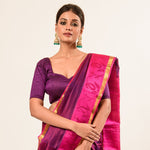 Purple and Pink Kanjivaram Silk Saree With Check Patterns and Mayil Butas 