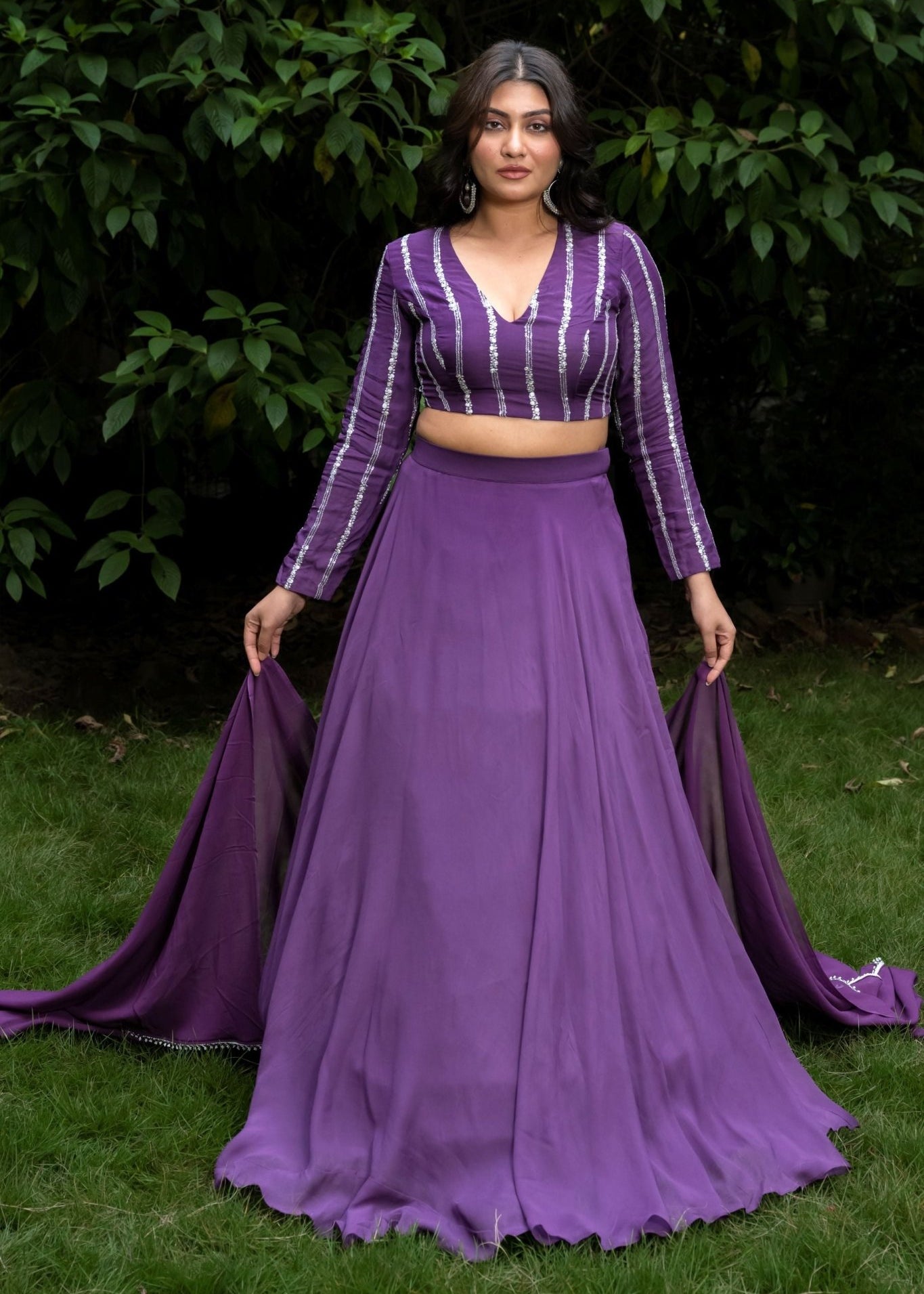 Purple lehenga set with Full Sleeve Embroidered Choli - Anvi Couture