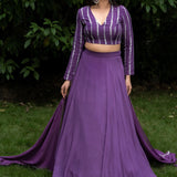 Purple lehenga set with Full Sleeve Embroidered Choli - Anvi Couture