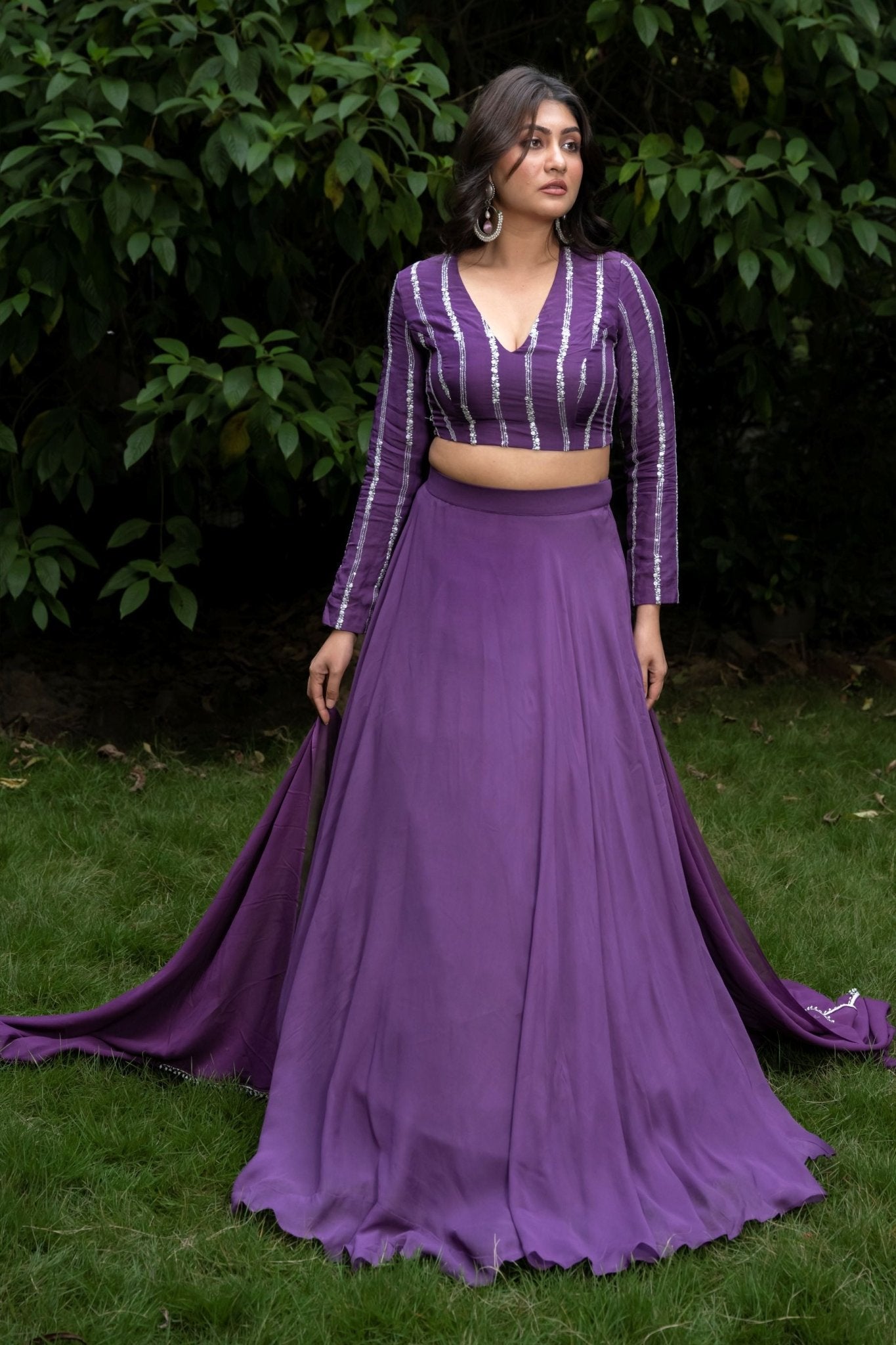 Purple lehenga set with Full Sleeve Embroidered Choli - Anvi Couture