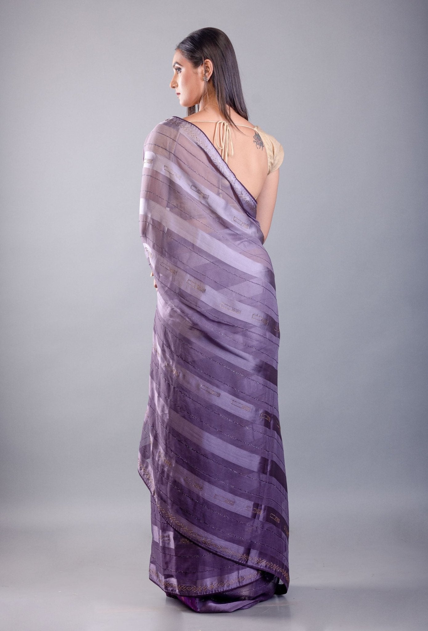 Purple ombre georgette saree — full-length back view showing pallu