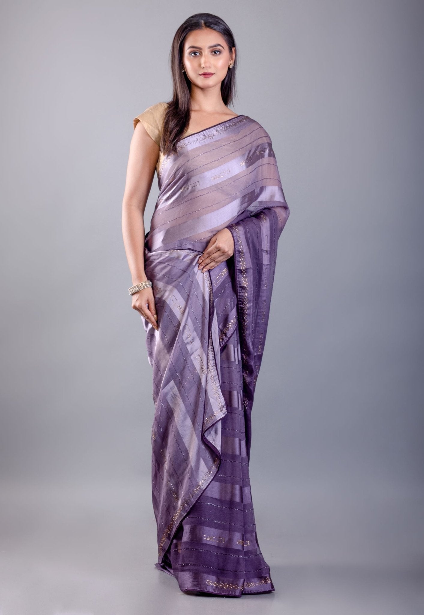 Purple ombre georgette saree — side view highlighting gradient colour fade