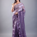 Purple ombre georgette saree with self stripe — front drape on model