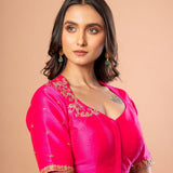 Rani Pink Bridal Blouse With Hand Embroidered Aari Work In Raw Silk - Anvi Couture
