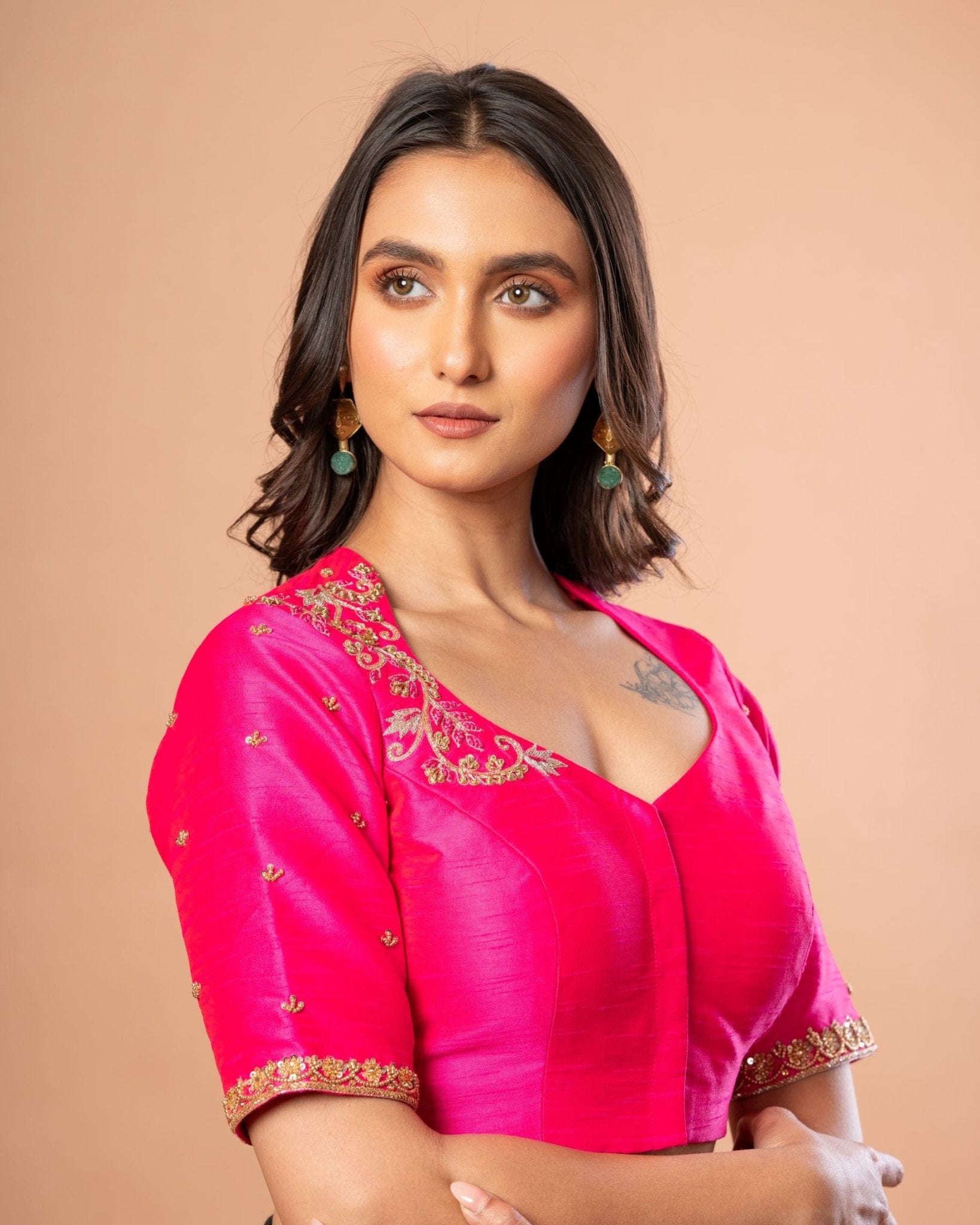 Rani Pink Bridal Blouse With Hand Embroidered Aari Work In Raw Silk - Anvi Couture