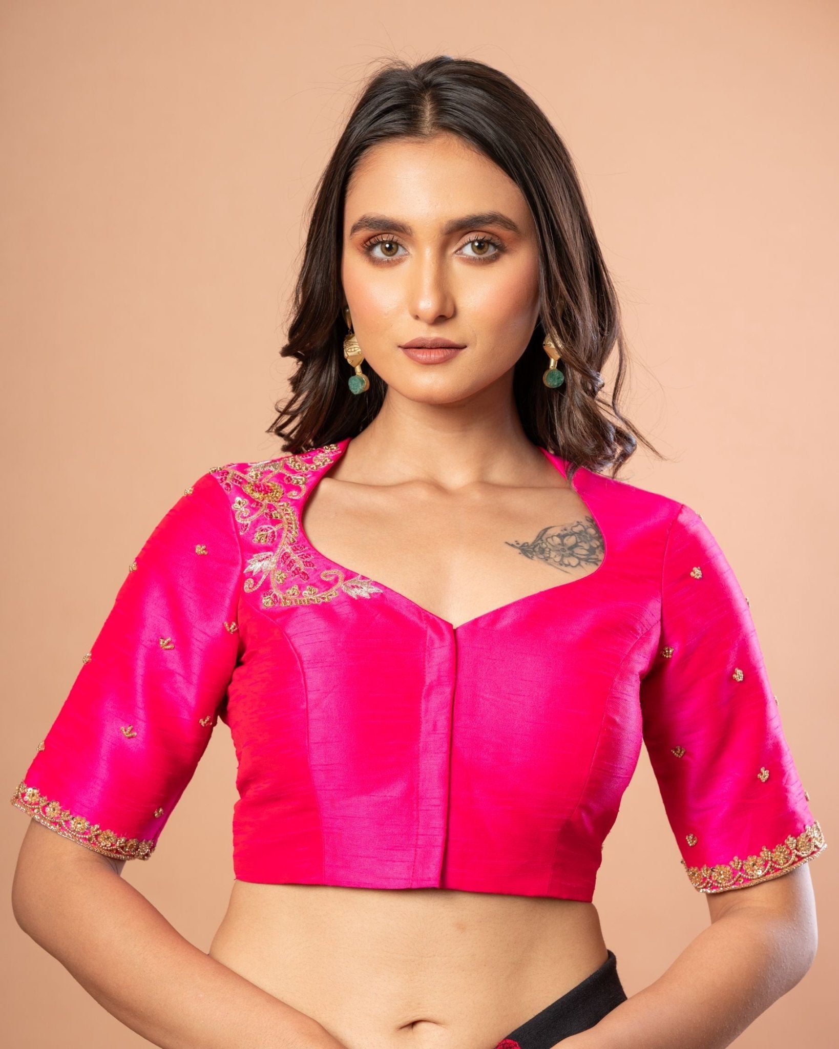 Rani Pink Bridal Blouse With Hand Embroidered Aari Work In Raw Silk - Anvi Couture