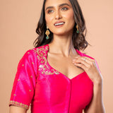 Rani Pink Bridal Blouse With Hand Embroidered Aari Work In Raw Silk - Anvi Couture