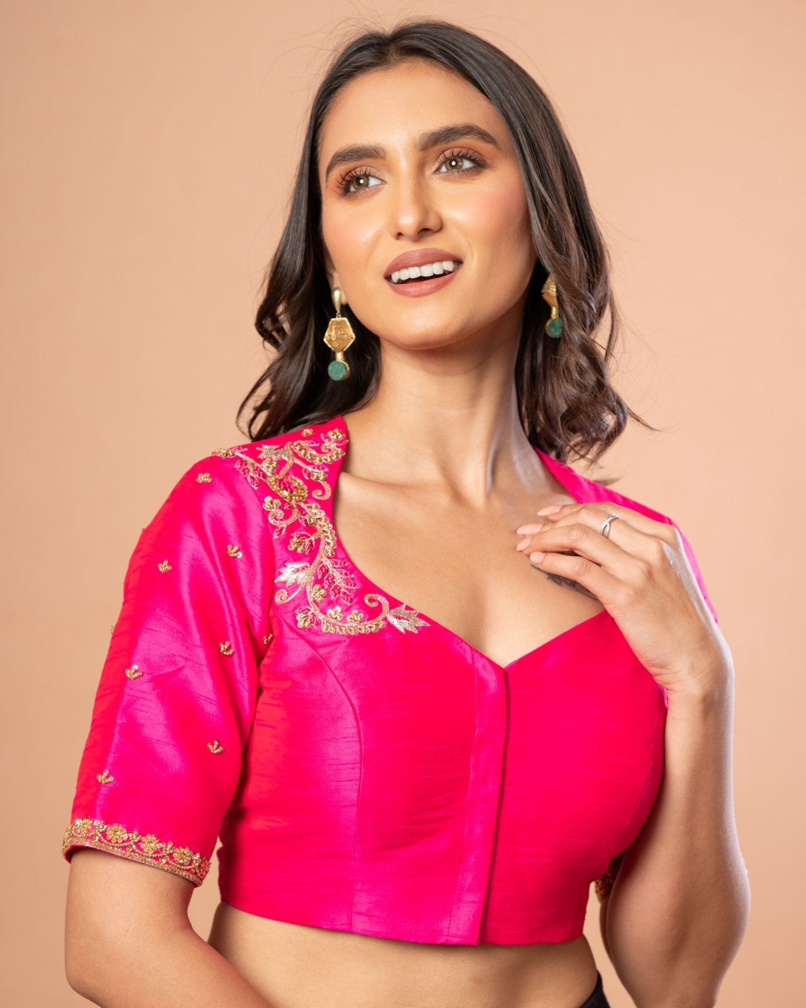 Rani Pink Bridal Blouse With Hand Embroidered Aari Work In Raw Silk - Anvi Couture