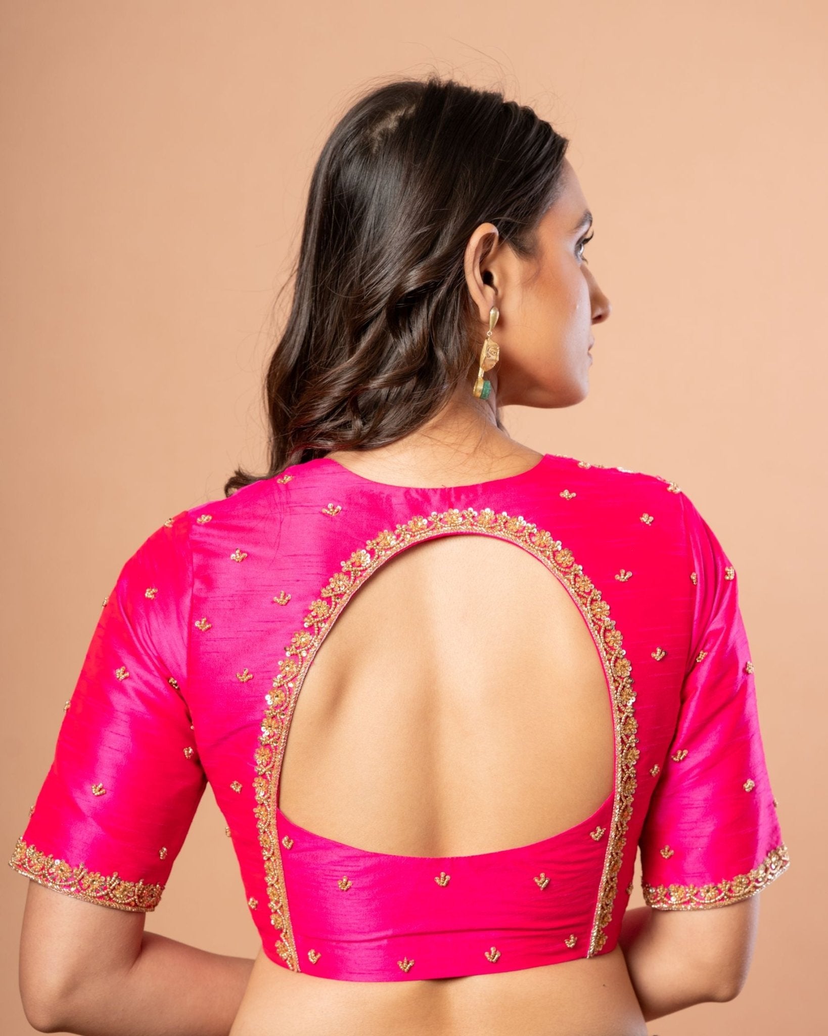Rani Pink Bridal Blouse With Hand Embroidered Aari Work In Raw Silk - Anvi Couture