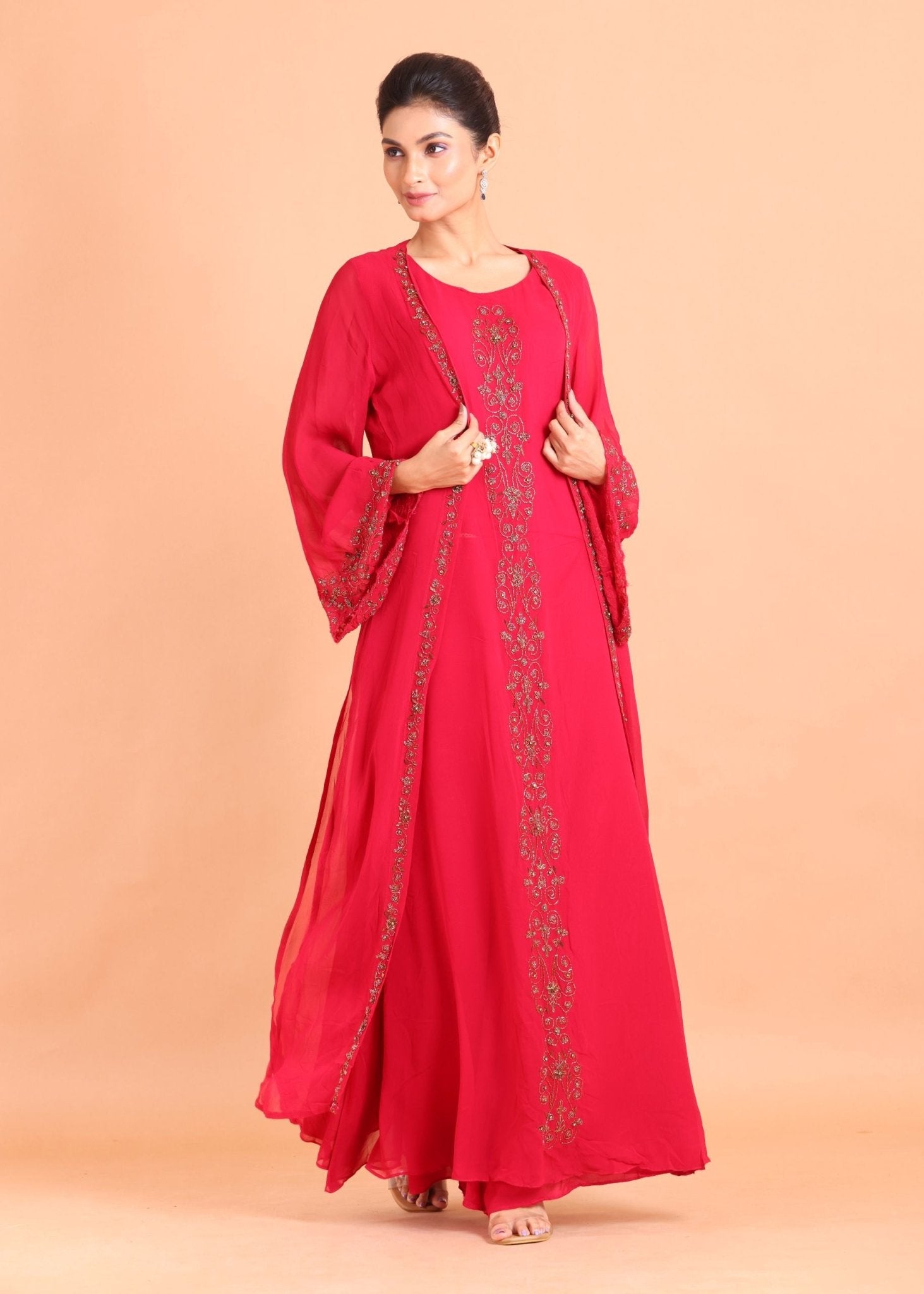 Rani Pink Gown With Embroidered Jacket - Anvi Couture