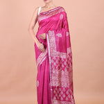 Rani Pink Handblock Printed Silk Saree Full View