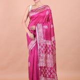Rani Pink Handblock Printed Silk Saree Full View