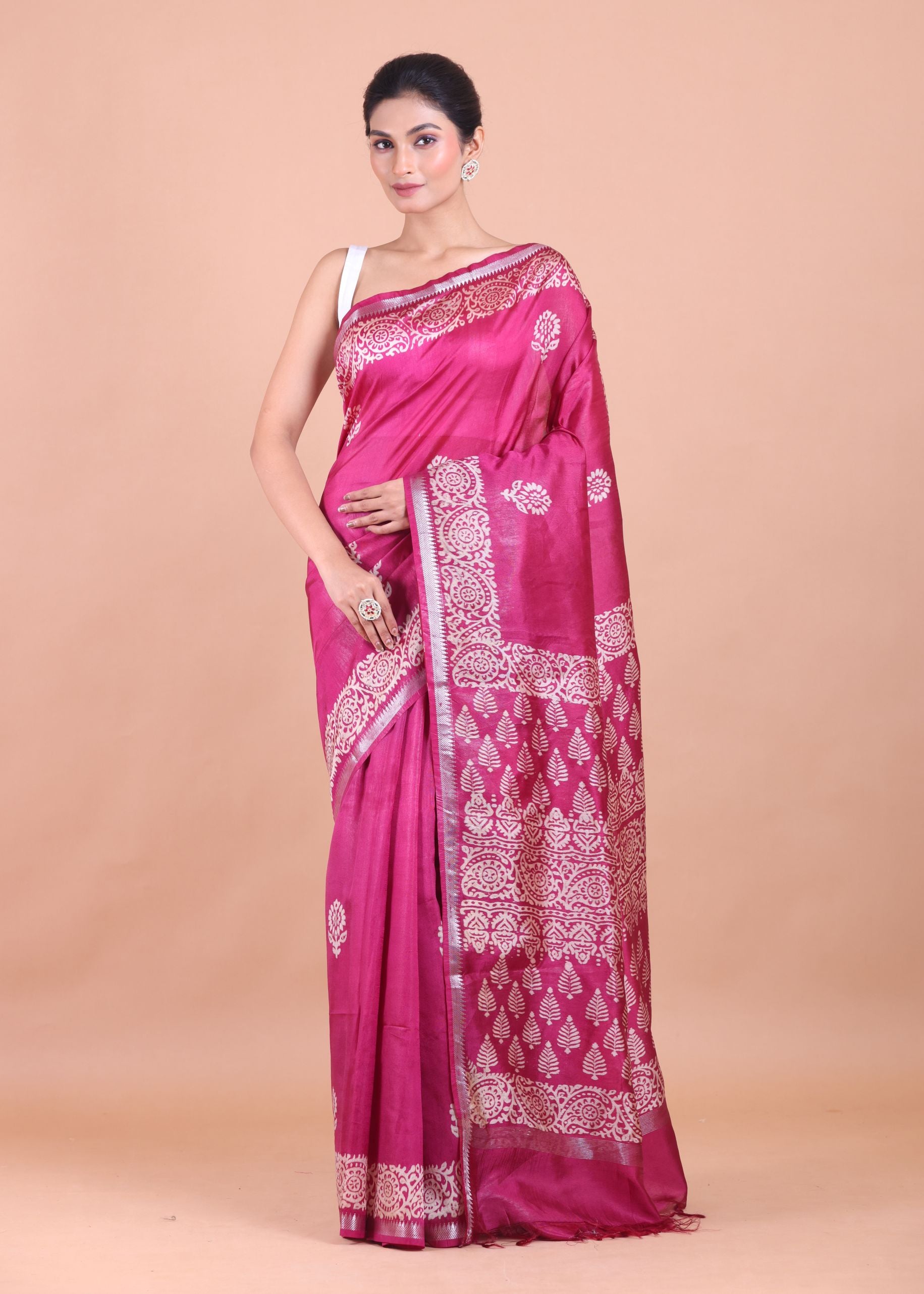 Rani Pink Handblock Printed Silk Saree Full View