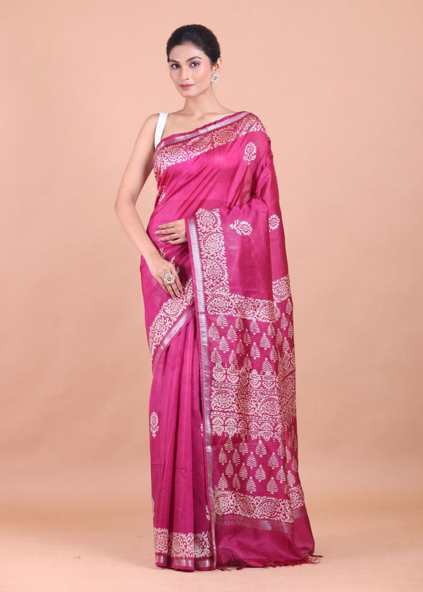 Rani Pink Handblock Printed Silk Saree - Anvi Couture