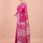Rani Pink Handblock Printed Silk Saree Side View
