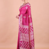 Rani Pink Handblock Printed Silk Saree Side View
