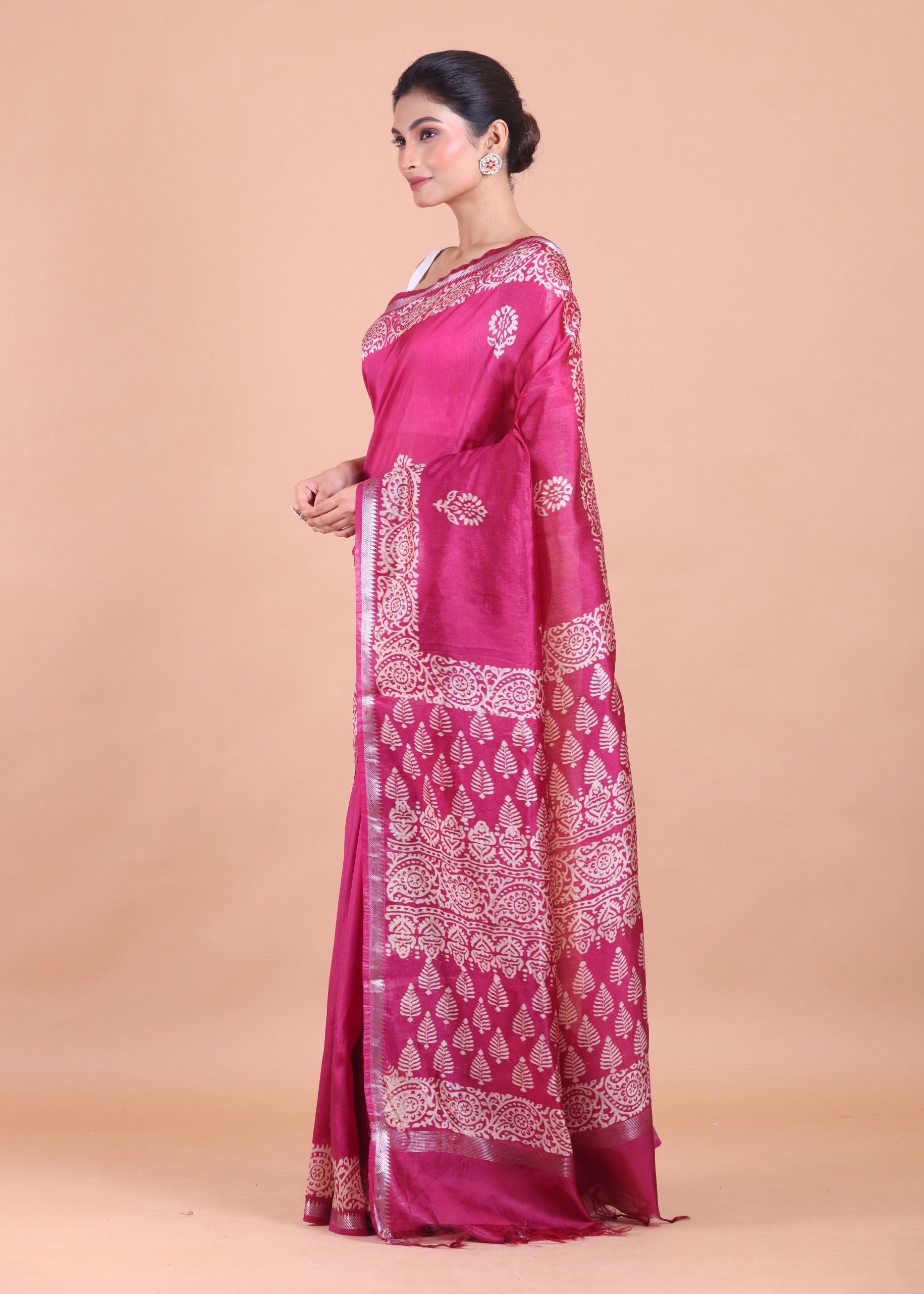 Rani Pink Handblock Printed Silk Saree Side View