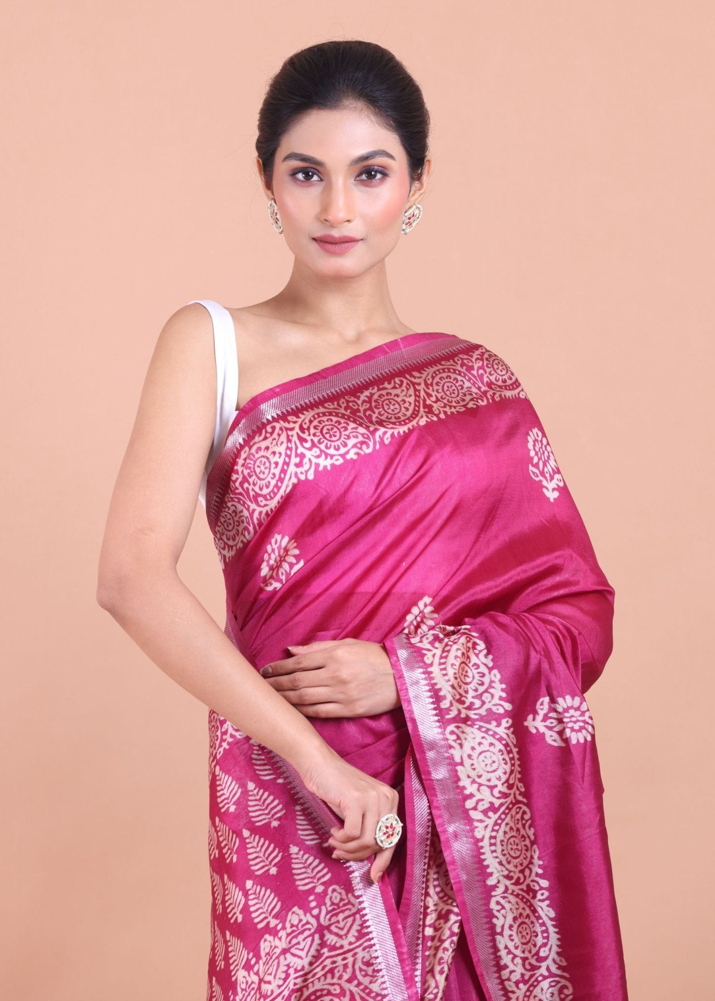 Rani Pink Handblock Printed Silk Saree - Anvi Couture