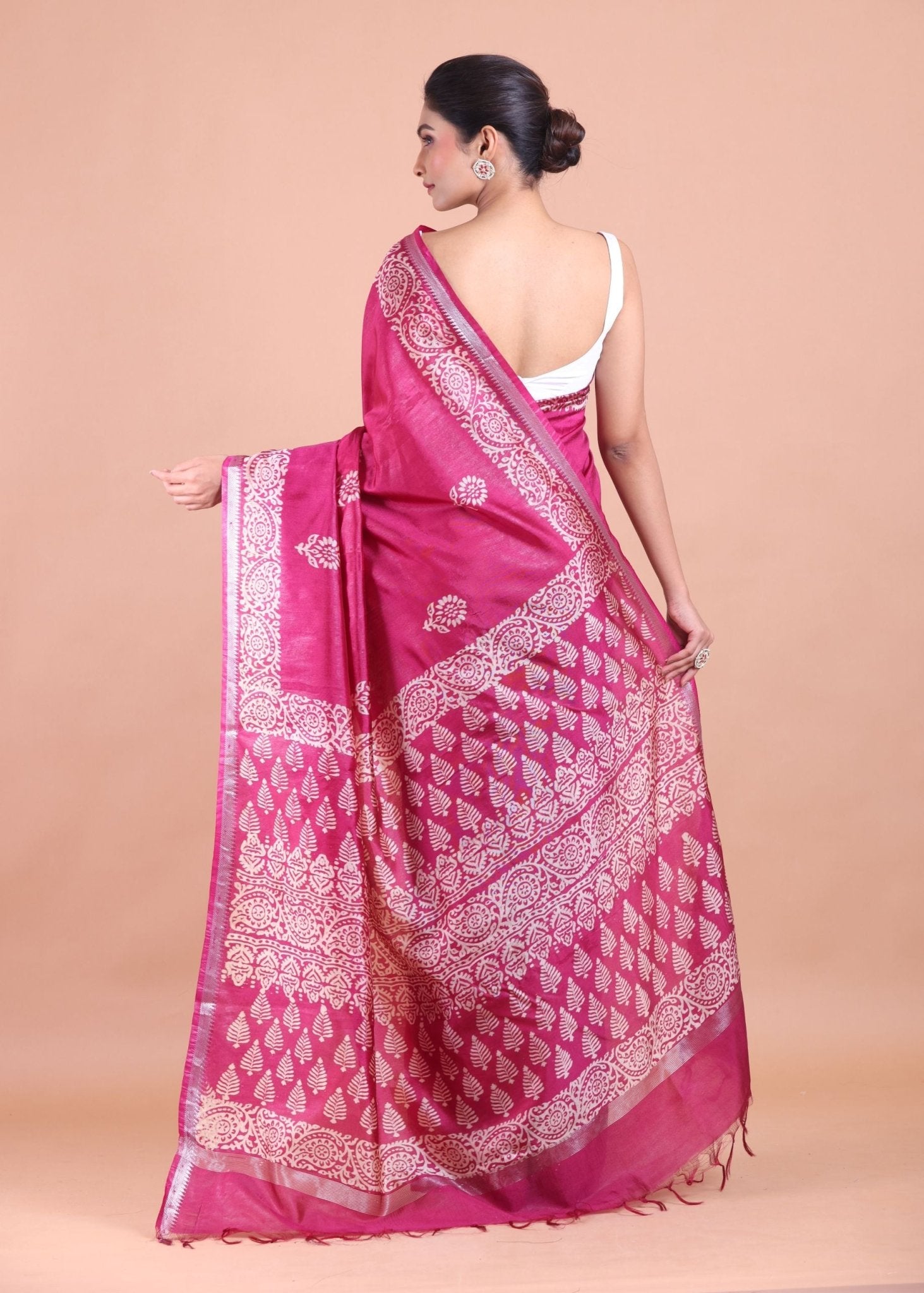 Rani Pink Handblock Printed Silk Saree - Anvi Couture