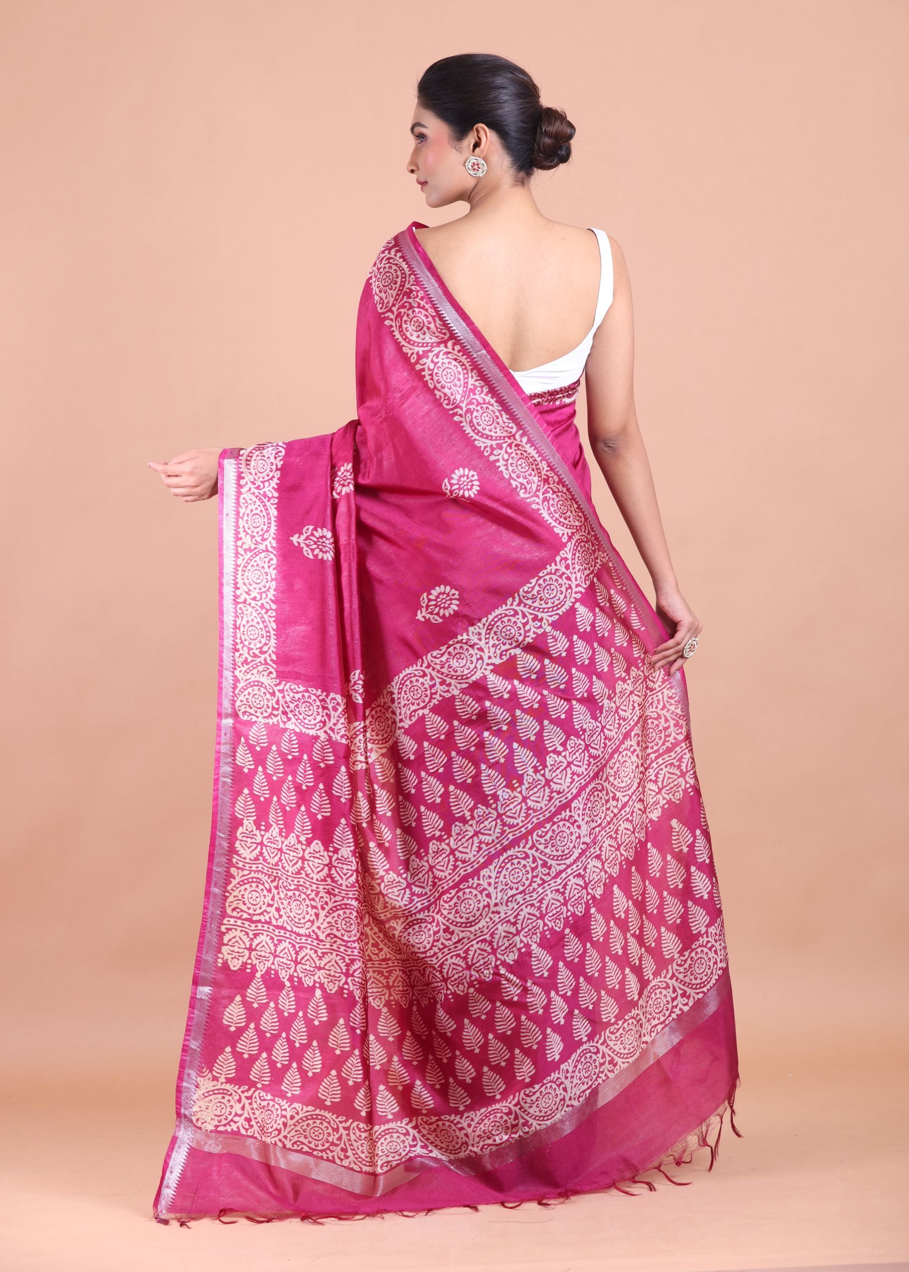 Rani Pink Handblock Printed Silk Saree Back