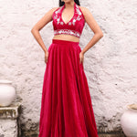 Rani Pink Velvet Lehenga with Hand Embroidered Halter Neck Top full