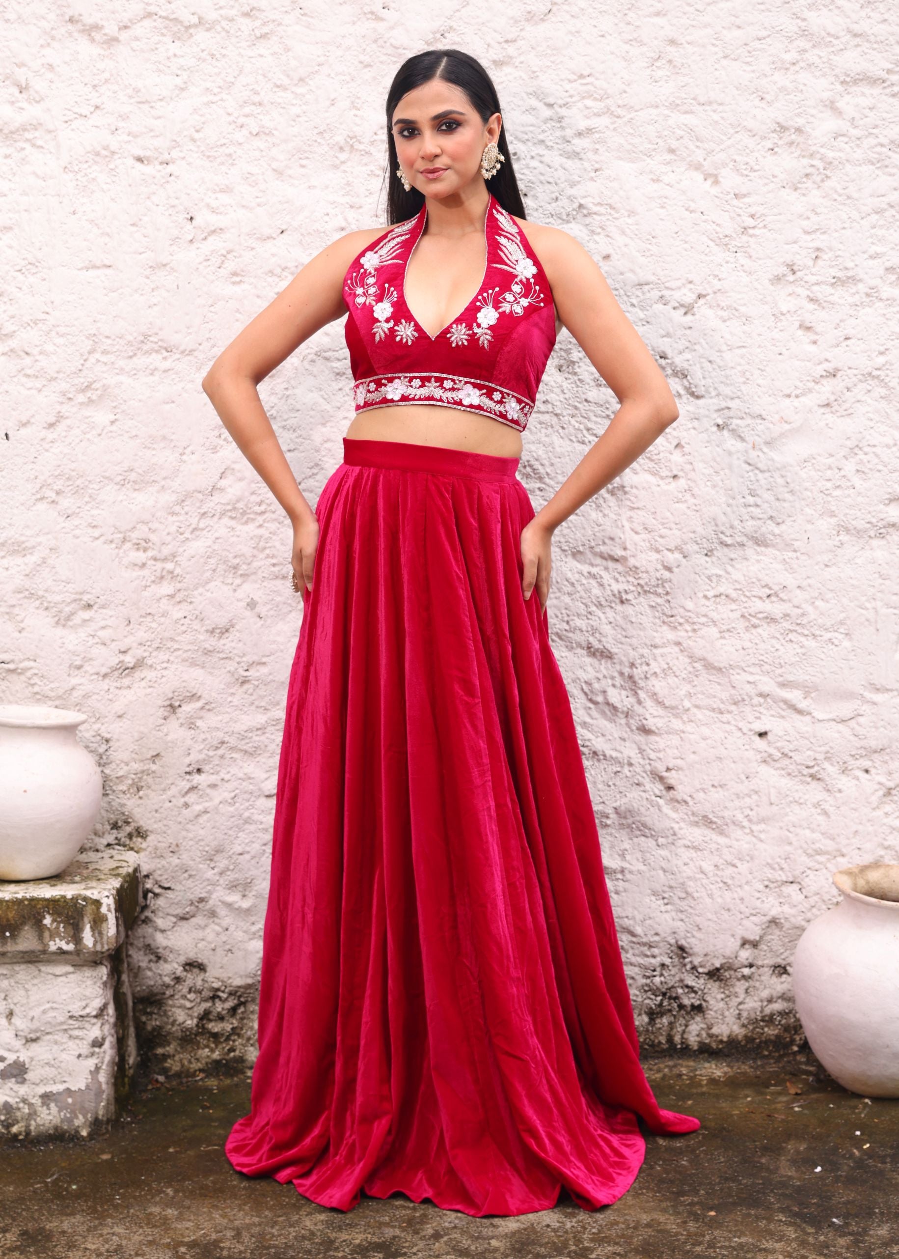 Rani Pink Velvet Lehenga with Hand Embroidered Halter Neck Top full