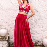 Rani Pink Velvet Lehenga with Hand Embroidered Halter Neck Top front