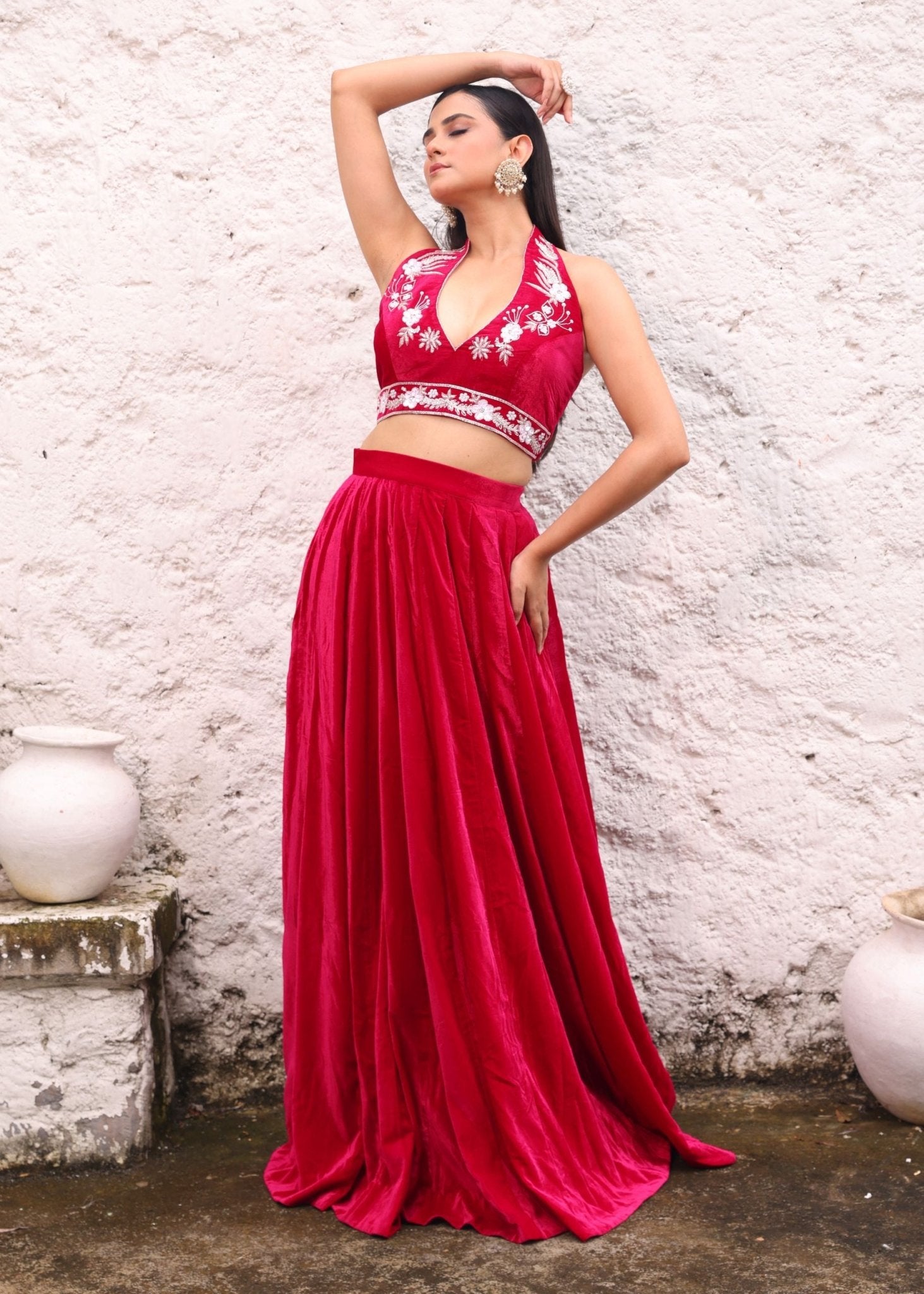 Rani Pink Velvet Lehenga with Hand Embroidered Halter Neck Top - Anvi Couture