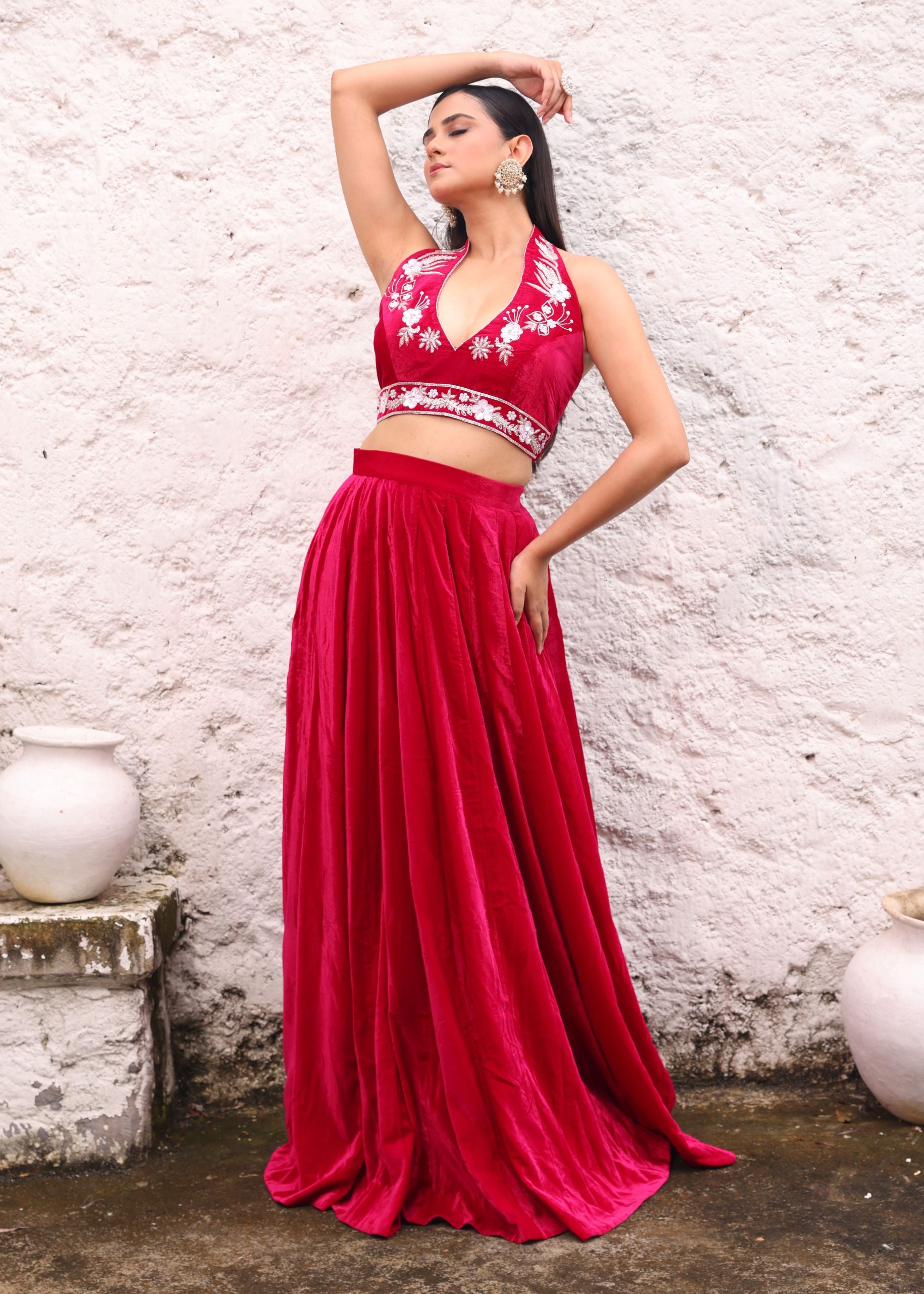 Rani Pink Velvet Lehenga with Hand Embroidered Halter Neck Top front