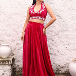 Rani Pink Velvet Lehenga with Hand Embroidered Halter Neck Top side 
